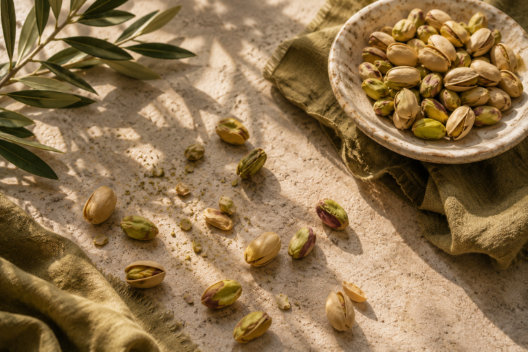 Pistachio in perfumery represented by pistachios on a sunlit Mediterranean table