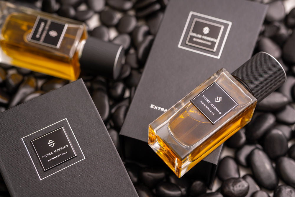 Sorrentino Perfumes Fiore Eterno bottle and packaging on black stones