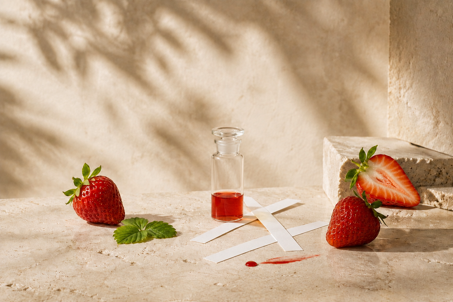Fresh strawberries and a perfume bottle illustrating the strawberry note in perfume