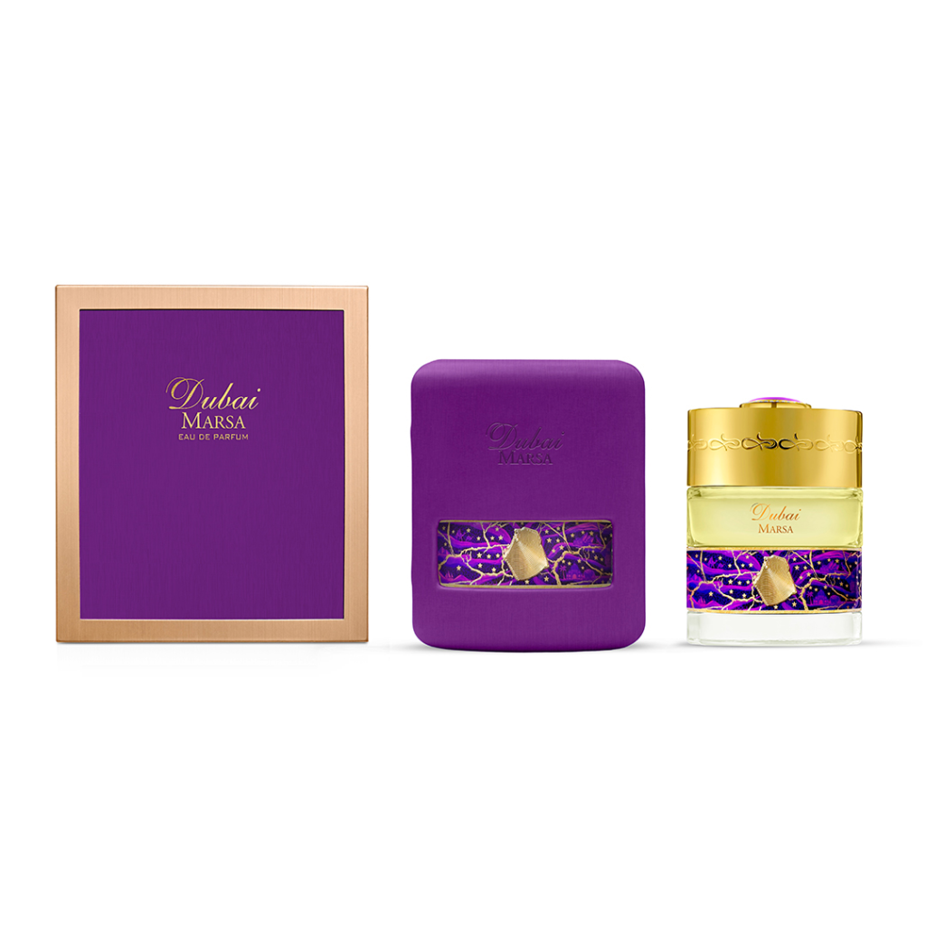 The Spirit of Dubai Marsa bottle with purple case and box