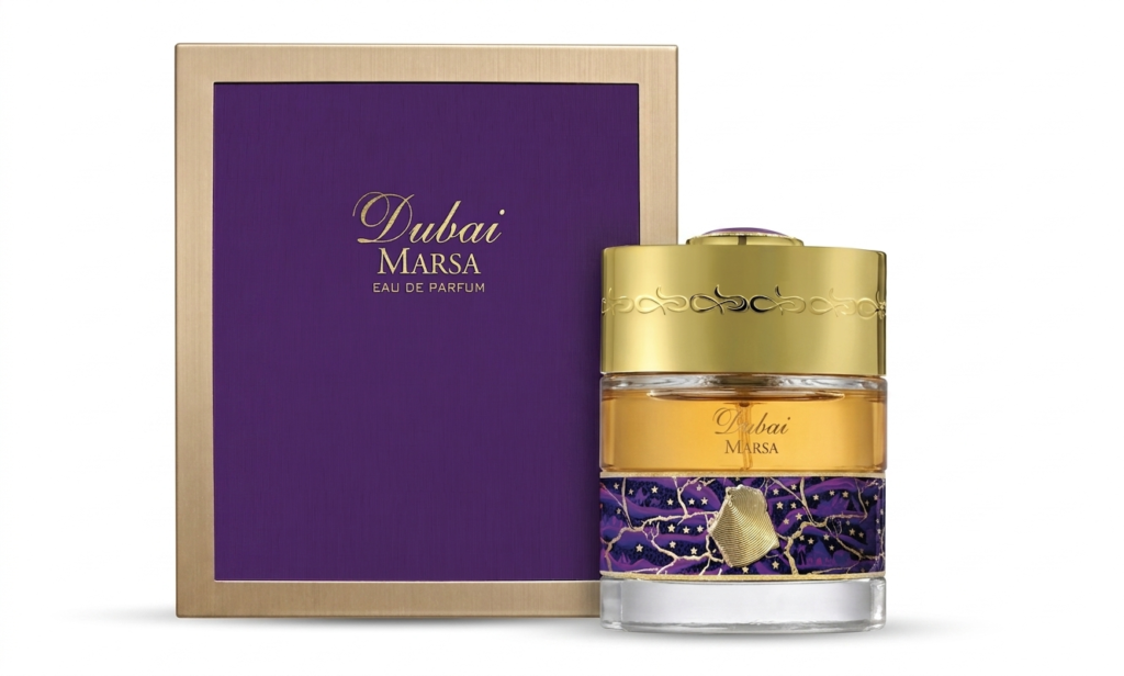 The Spirit of Dubai Marsa bottle beside its purple box