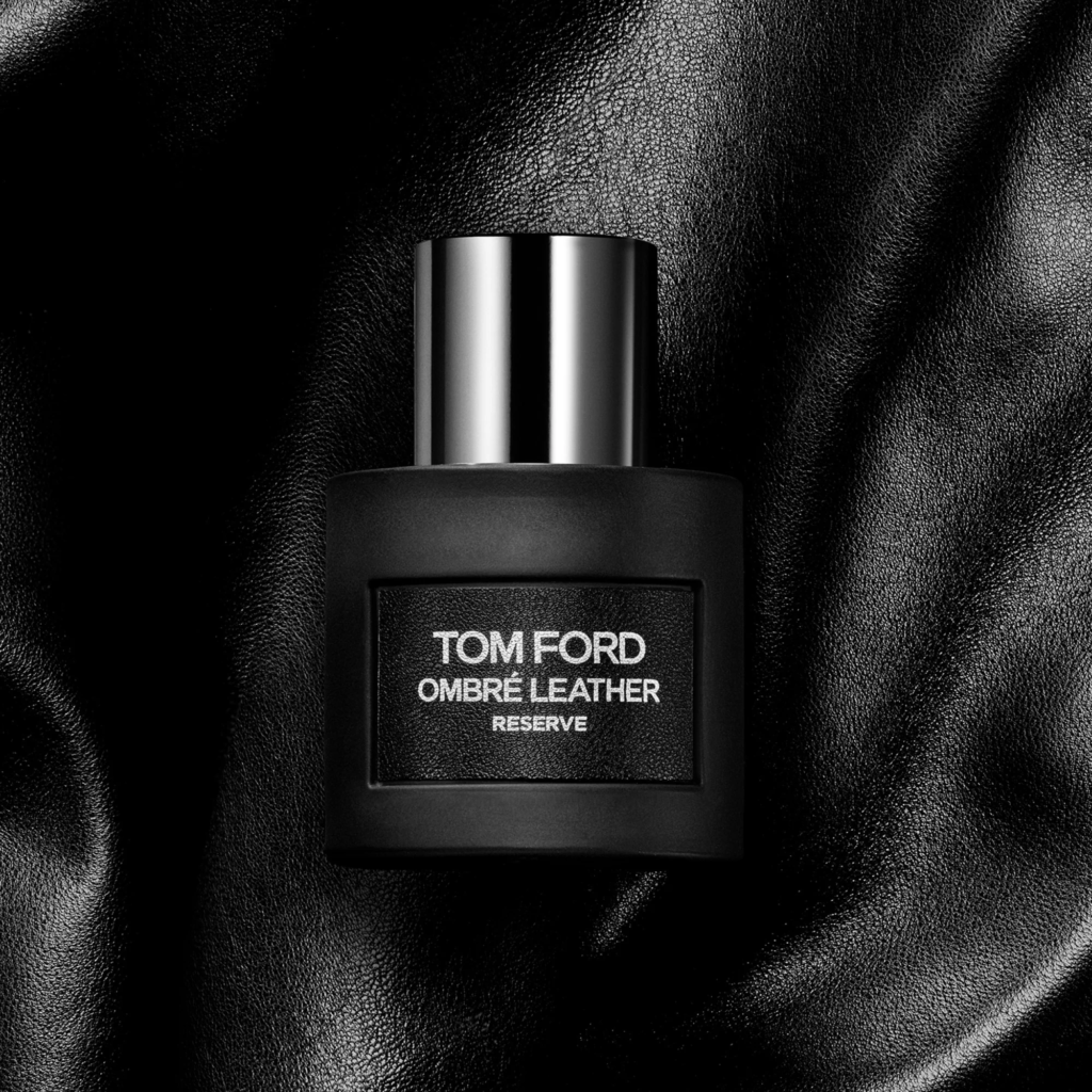 Tom Ford Ombré Leather Reserve bottle on black leather