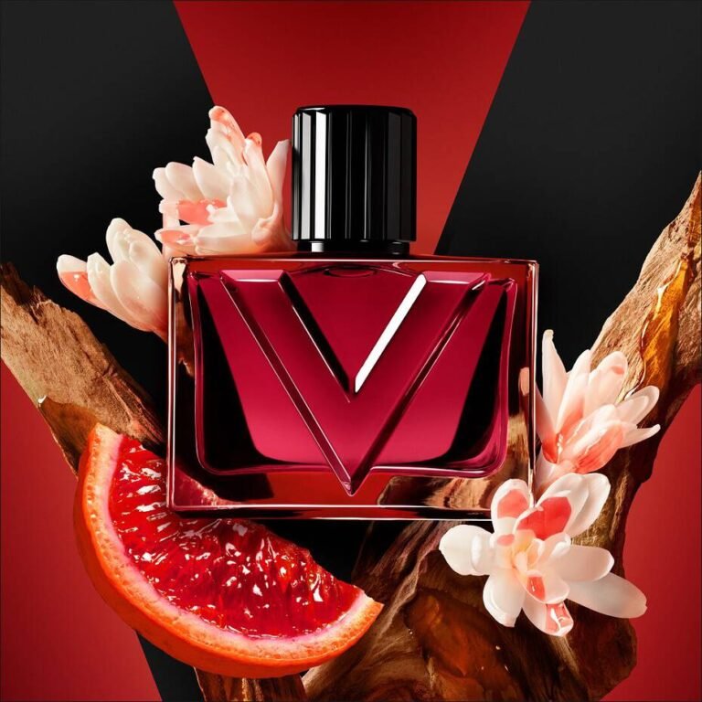 Valentino Vendetta Donna perfume bottle with tuberose flowers, red orange and sandalwood