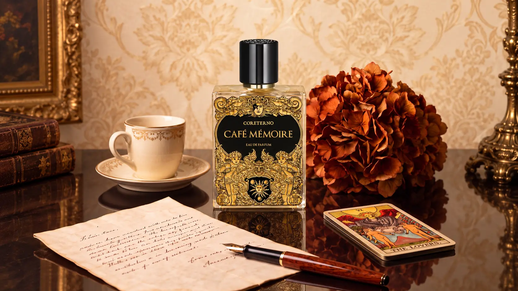 Coreterno Café Mémoire bottle with coffee cup flowers letters and tarot cards