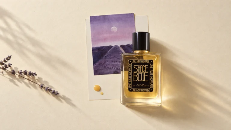 Une Nuit Nomade Shade of Blue bottle in a Mediterranean still life with lavender