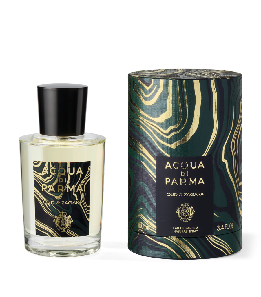Acqua di Parma Oud & Zagara bottle and Harrods-exclusive green presentation box