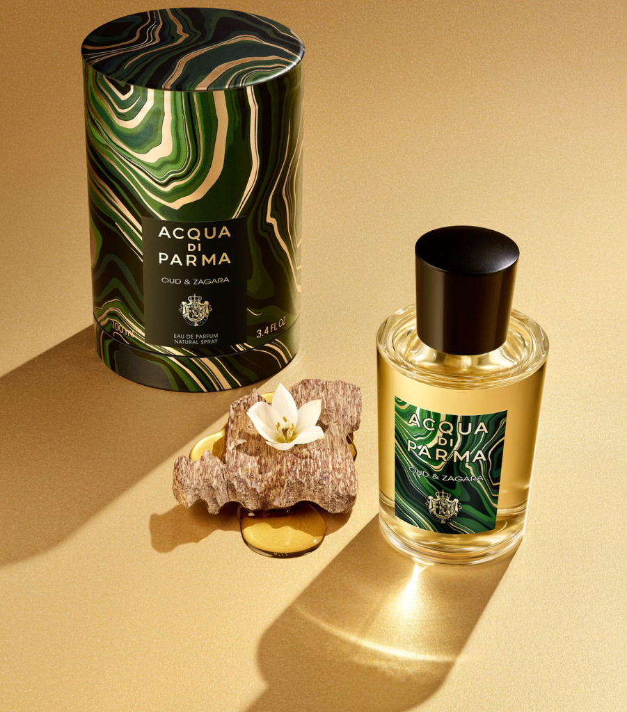 Acqua di Parma Oud & Zagara bottle and green box with orange blossom and oud wood