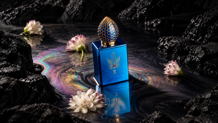 Alone in Babylon by Stéphane Humbert Lucas, blue perfume bottle in a dark floral setting