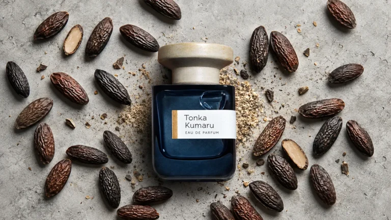 Atelier Materi Tonka Kumaru perfume surrounded by tonka beans