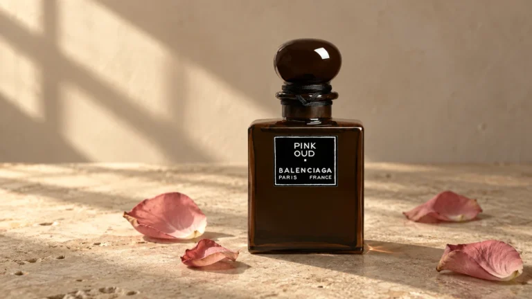 Balenciaga Pink Oud Extrait de Parfum bottle on a textured stone surface with scattered rose petals and window shadows.