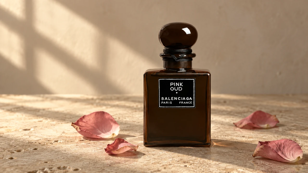 Balenciaga Pink Oud Extrait de Parfum bottle on a textured stone surface with scattered rose petals and window shadows.