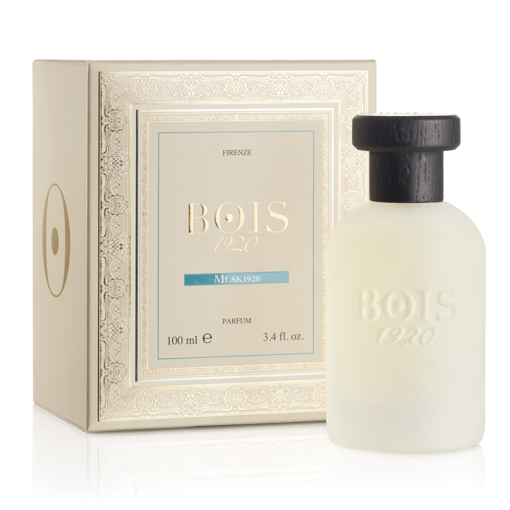 Bois 1920 Musk1920 Parfum bottle beside its cream and gold presentation box.