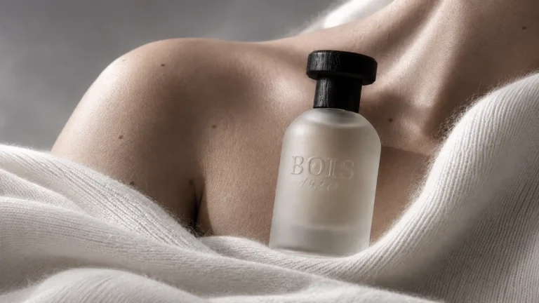 Bois 1920 Musk1920 bottle resting against bare skin and soft white knit fabric.