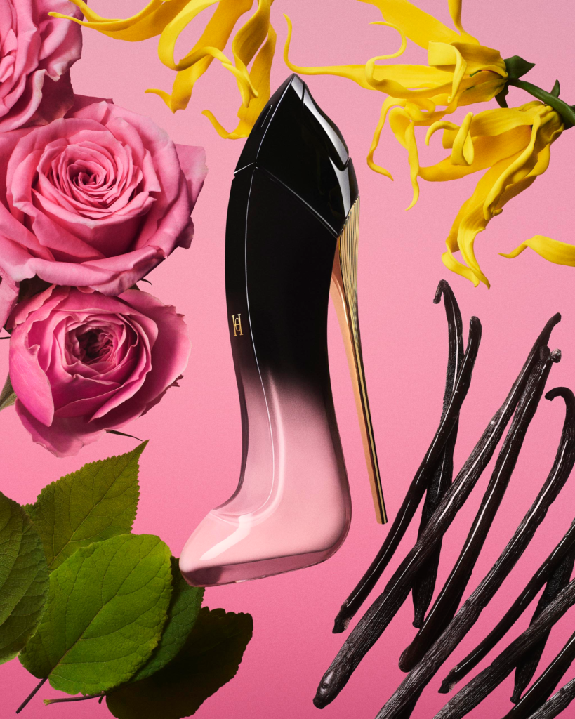Carolina Herrera Good Girl Blush Elixir pink stiletto bottle with roses and vanilla