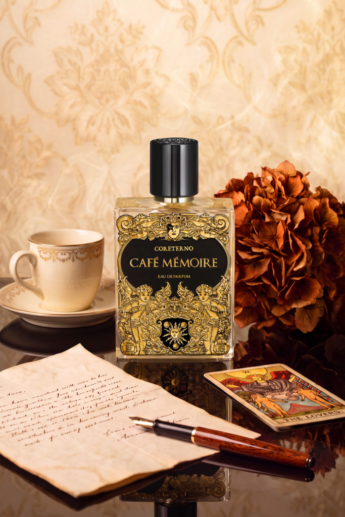 Coreterno Café Mémoire bottle in a nostalgic still life with coffee and tarot cards