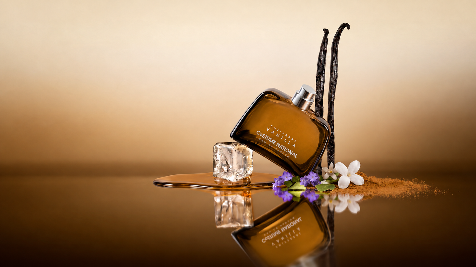 CoSTUME NATIONAL Universal Vanilla perfume bottle with vanilla pods and flowers