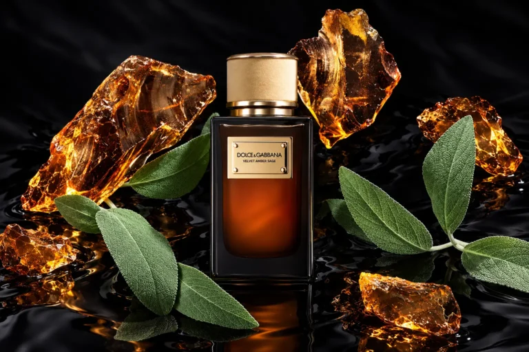 Dolce&Gabbana Velvet Amber Sage bottle surrounded by clary sage leaves and amber