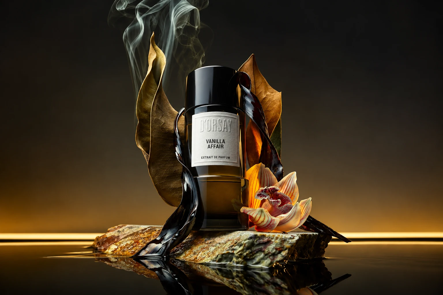 D'ORSAY Vanilla Affair Extrait de Parfum with vanilla flower, dark leaves and smoke