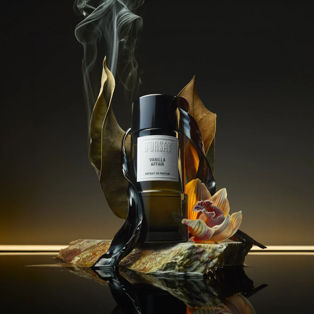 D'ORSAY Vanilla Affair with vanilla orchid, dark leaves and smoke
