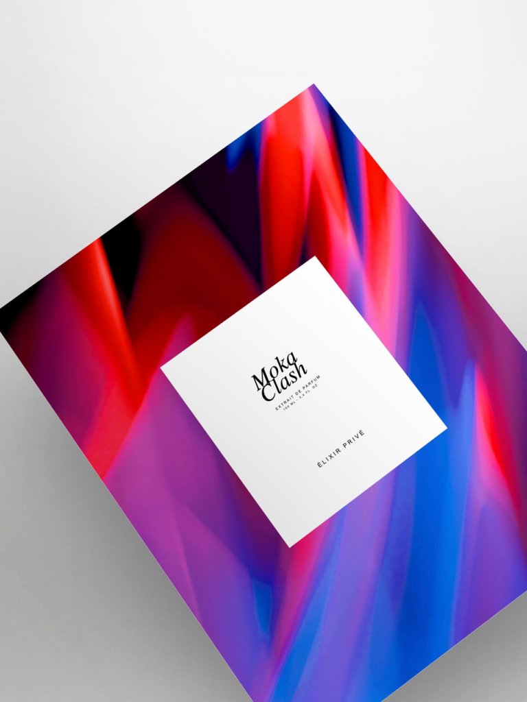 Élixir Privé Moka Clash Extrait de Parfum presentation box in red, blue and violet.