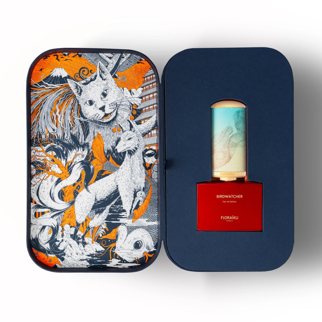 Floraïku Birdwatcher in its illustrated bento box with a cat, foxes and a Japanese landscape