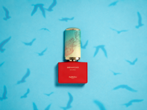 Red Floraïku Birdwatcher bottle on a blue background with shadows of birds in flight