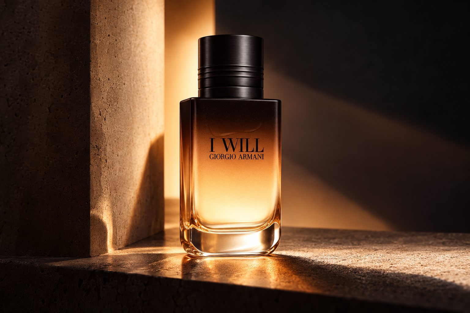 Giorgio Armani I WILL Eau de Parfum bottle in warm amber light