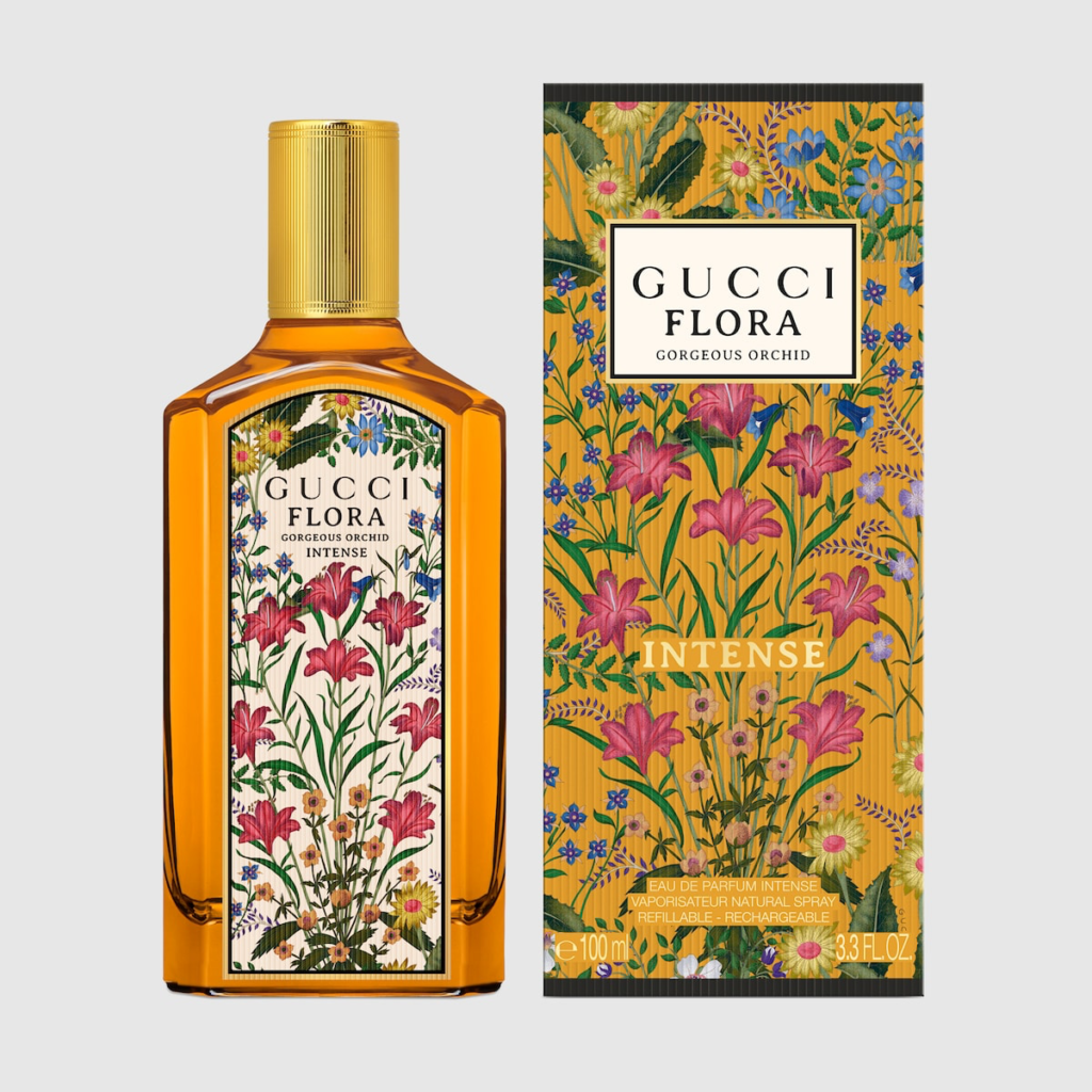Gucci Flora Gorgeous Orchid Intense perfume bottle and floral box