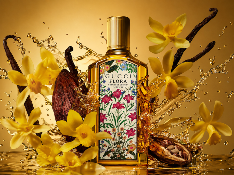 Gucci Flora Gorgeous Orchid Intense bottle with yellow flowers, vanilla pods, cocoa and golden splashes