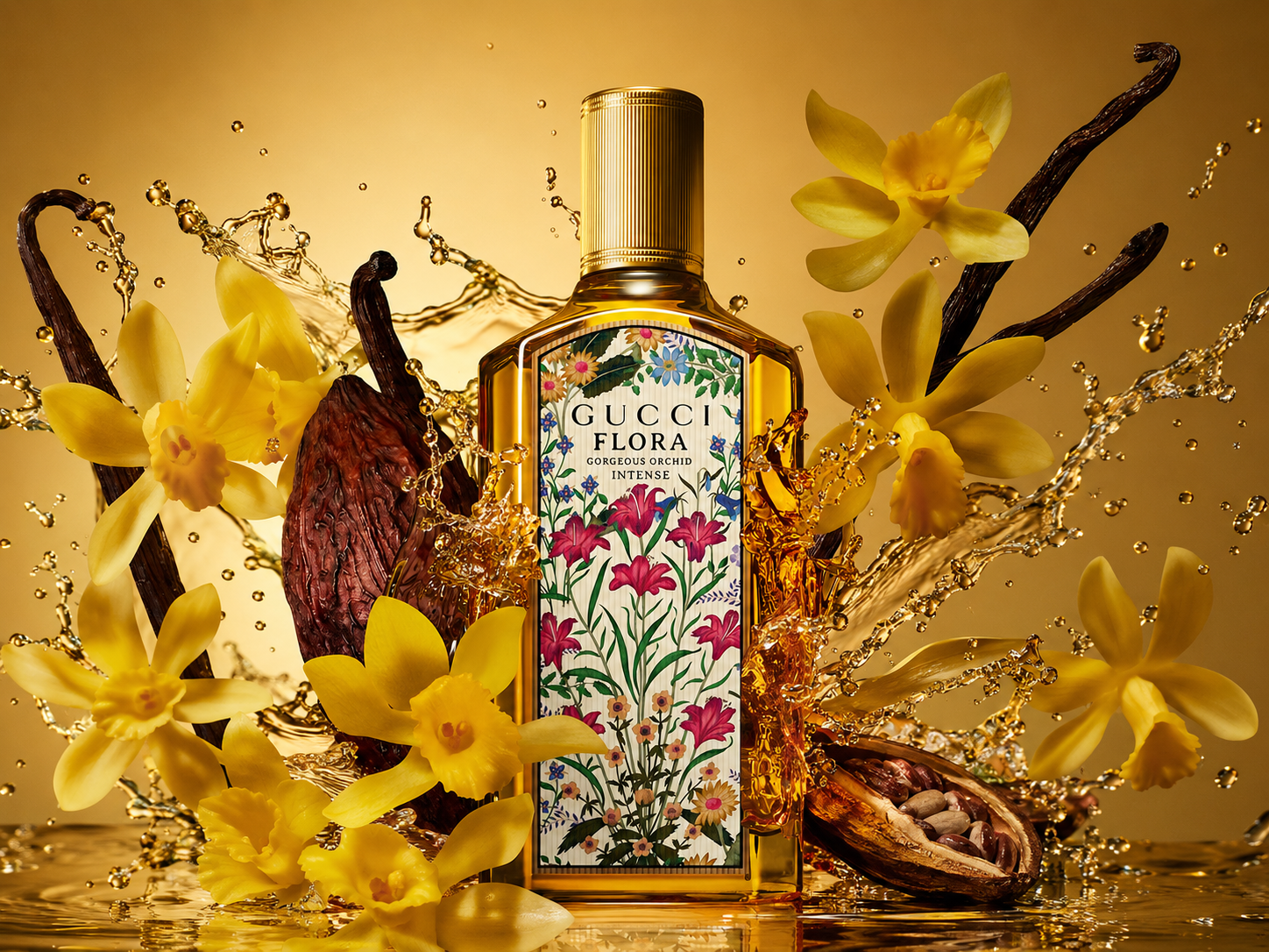 Gucci Flora Gorgeous Orchid Intense bottle with yellow flowers, vanilla pods, cocoa and golden splashes