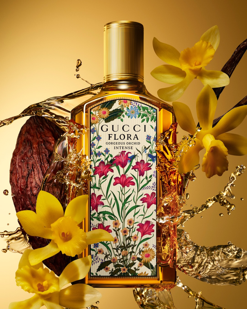 Gucci Flora Gorgeous Orchid Intense bottle with dark cocoa, yellow orchids and golden liquid splashes