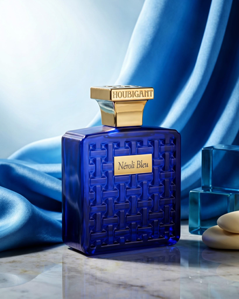 Blue and gold Houbigant Néroli Bleu perfume bottle
