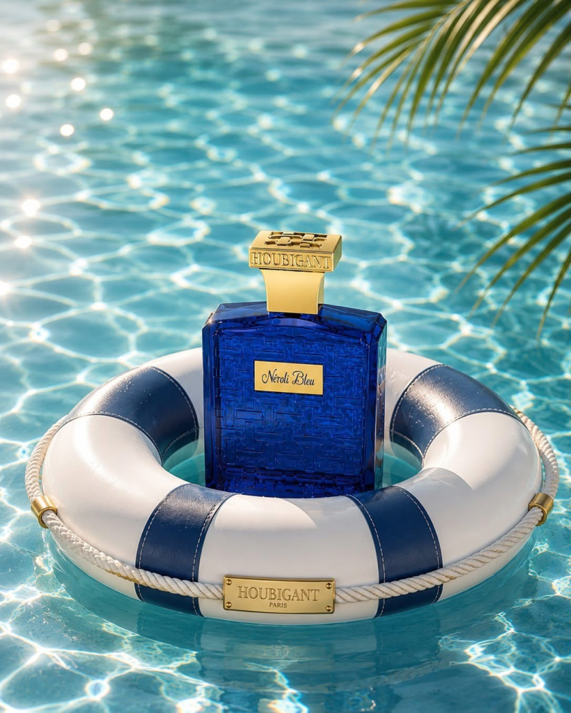 Houbigant Néroli Bleu bottle floating in a life ring on a sunlit pool
