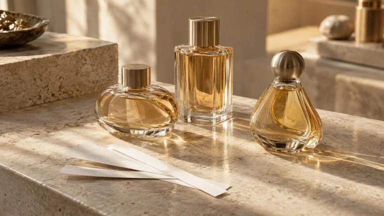 Three perfume bottles and blotter strips on a sunlit stone counter