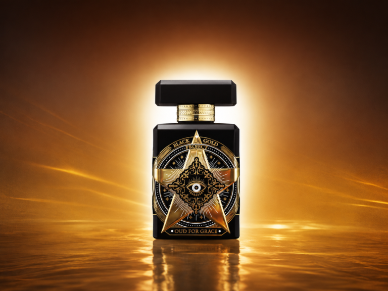 Initio Oud for Grace bottle against a luminous golden background