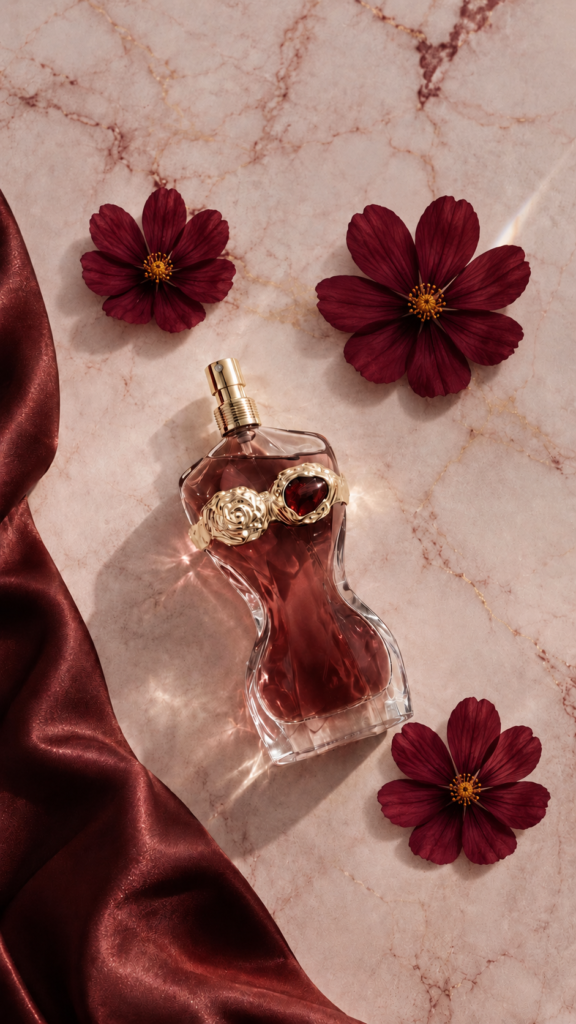 Jean Paul Gaultier La Belle Rosea bottle in a burgundy floral flatlay