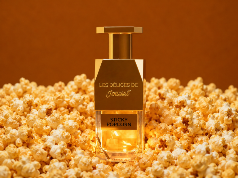 Jousset Sticky Popcorn perfume bottle surrounded by warm popcorn