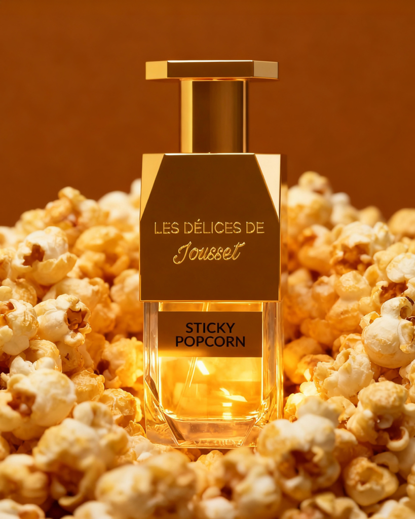 Jousset Sticky Popcorn review featuring the perfume bottle surrounded by warm popcorn
