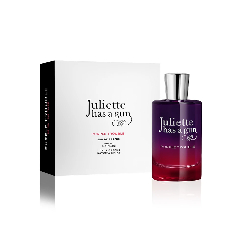 Juliette Has a Gun Purple Trouble 100 ml bottle beside its white presentation box