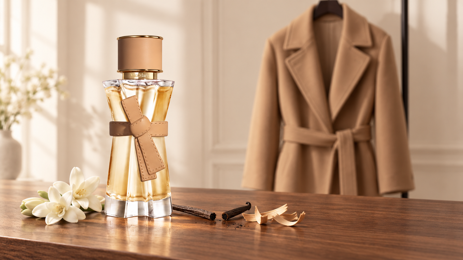 Max Mara Le Parfum bottle with tuberose, vanilla pods and a camel coat