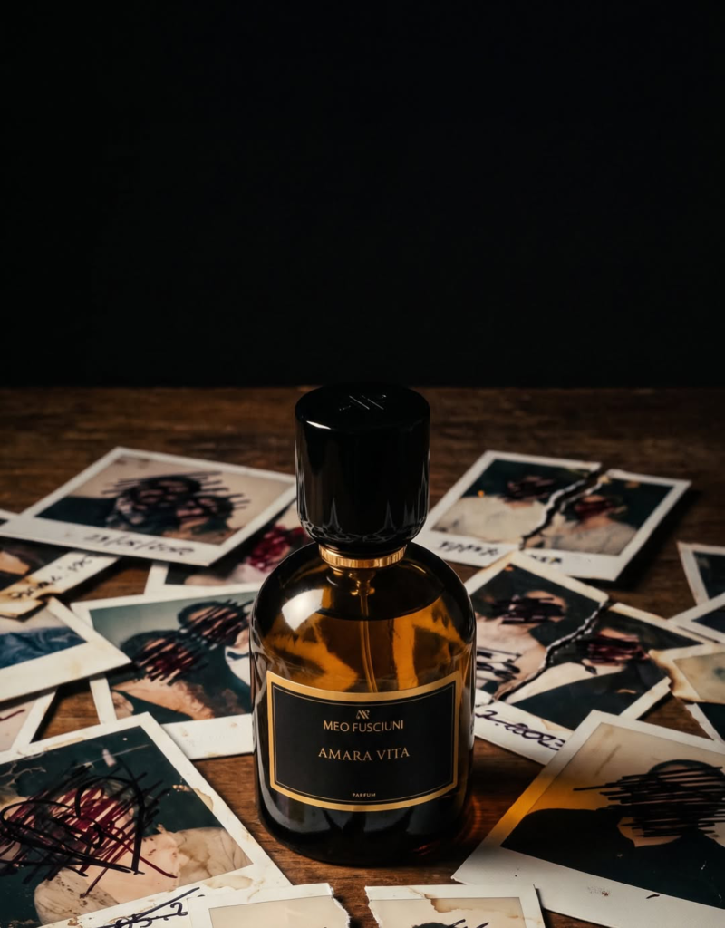 Meo Fusciuni Amara Vita bottle surrounded by scattered photographs