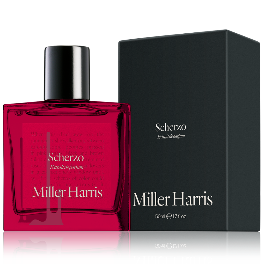 Miller Harris Scherzo Extrait bottle with its black presentation box