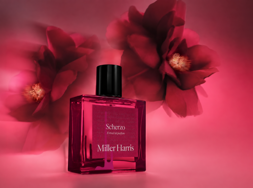 Miller Harris Scherzo Extrait bottle with a dark crimson flower