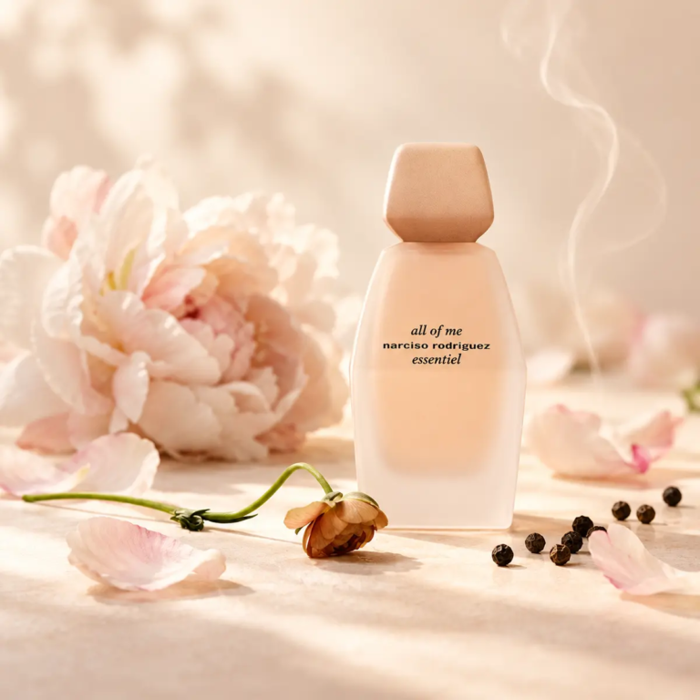 Narciso Rodriguez All of Me Essentiel bottle surrounded by a peony, dried petals and black peppercorns
