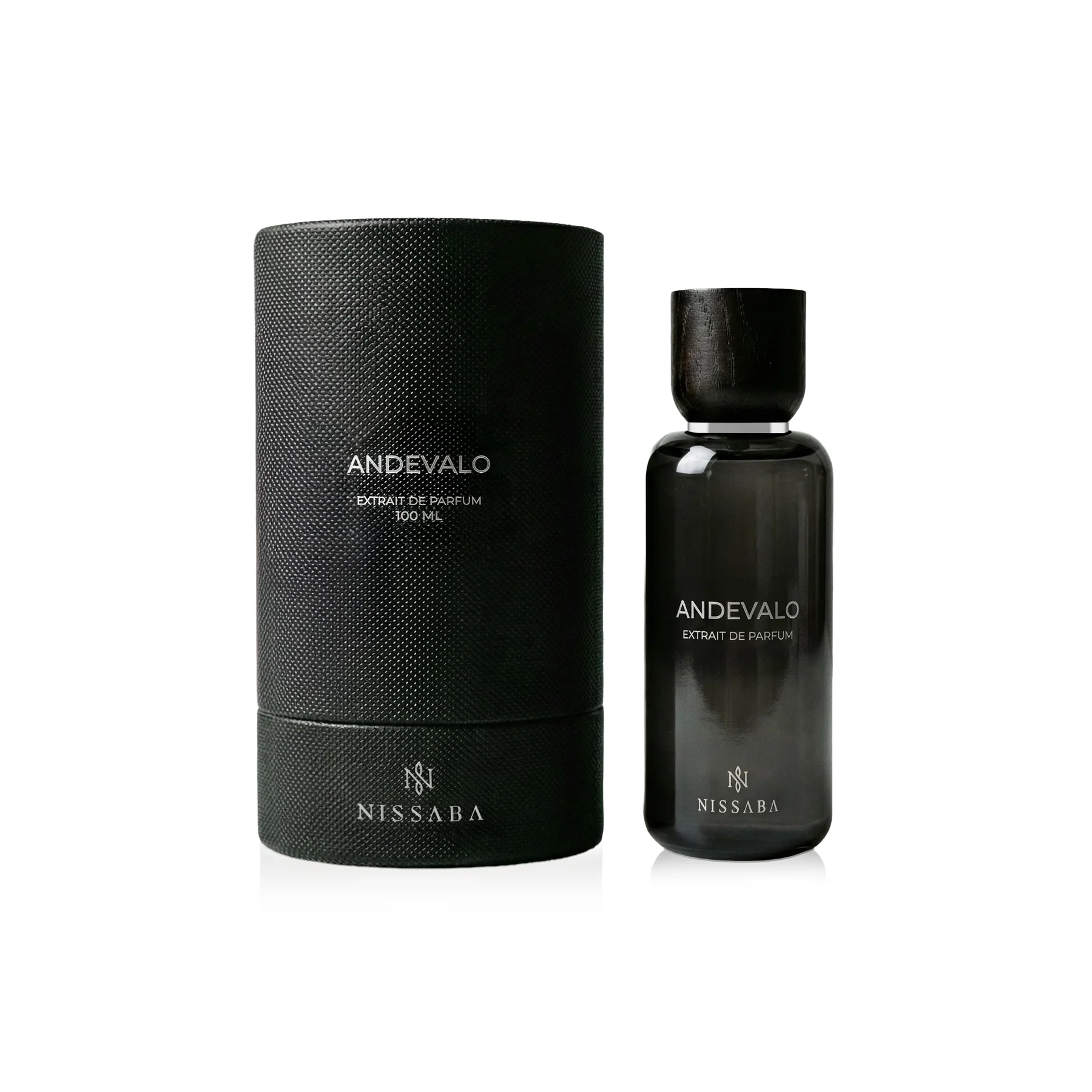 Nissaba Andevalo perfume bottle beside its black cylindrical presentation box