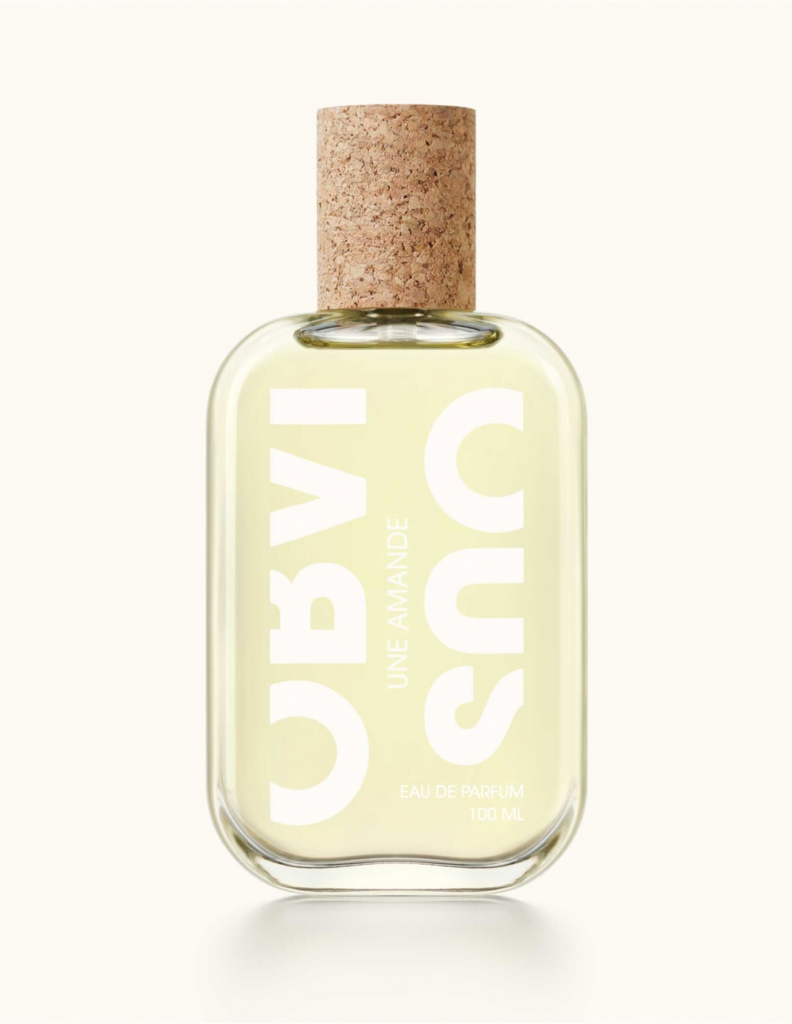 Obvious Une Amande Eau de Parfum bottle with pale yellow liquid and cork cap
