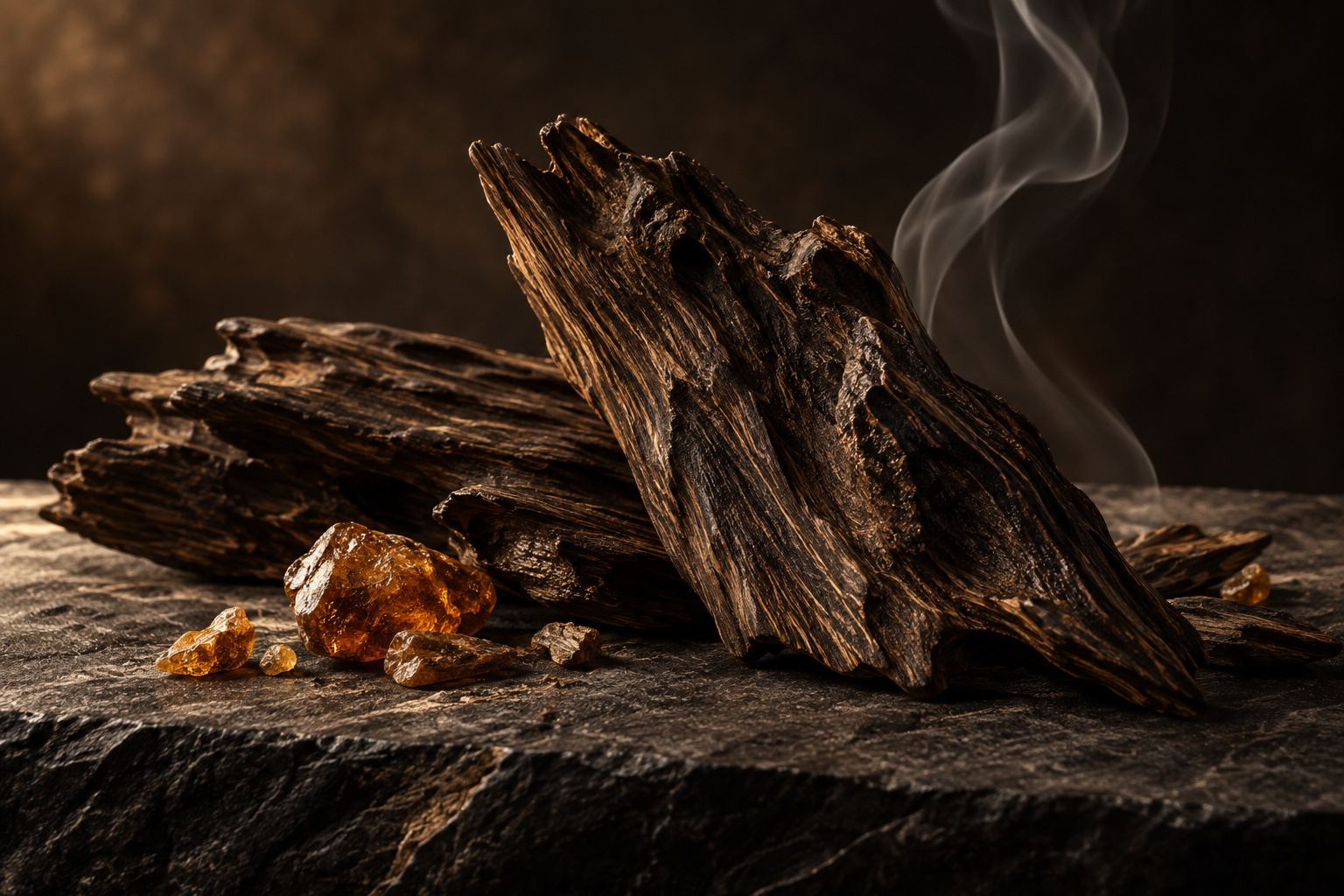 Editorial image for oud in perfumery, with dark wood, amber resin and a curl of smoke.