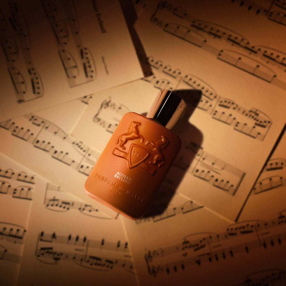 Parfums de Marly Althaïr Exclusif bottle on sheet music