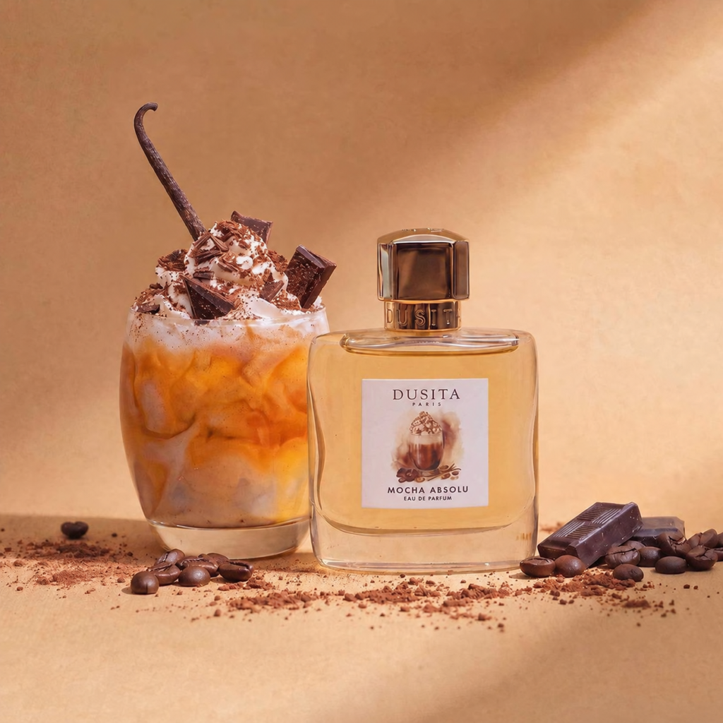 Mocha Absolu perfume bottle beside a creamy iced drink and pieces of chocolate