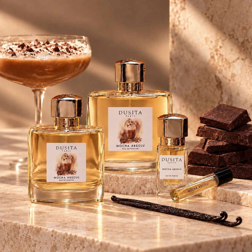 Mocha Absolu bottles in several sizes beside chocolate, a dessert drink and vanilla pods